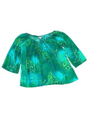 Hilo Hattie Vintage Hawaiian Floral Teal, Lime, Green Blouse Tiki Tribal Large